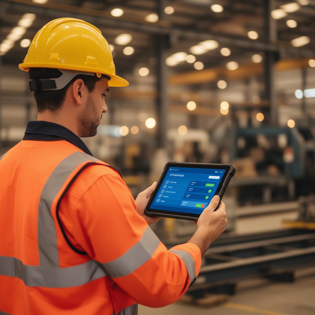 Técnico de segurança do trabalho usando TSPlan em tablet em fábrica industrial
